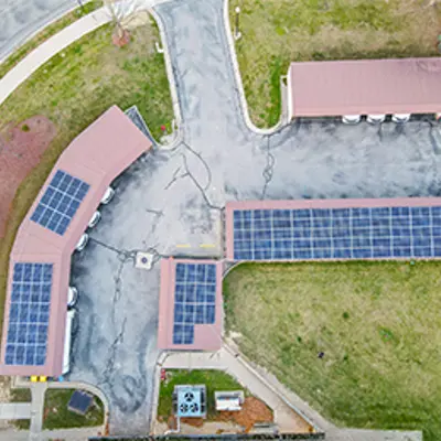 Aerial view of solar panels on the Meridian Township Public Safety Building