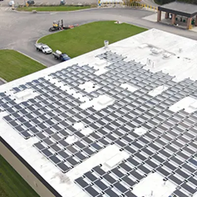 Aerial view of solar panels on the Meridian Township Service Center