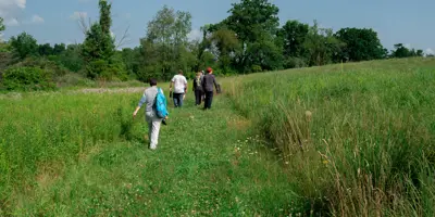 Meridian Conservation Corps volunteers walking in Davis Foster Preserve during the summer